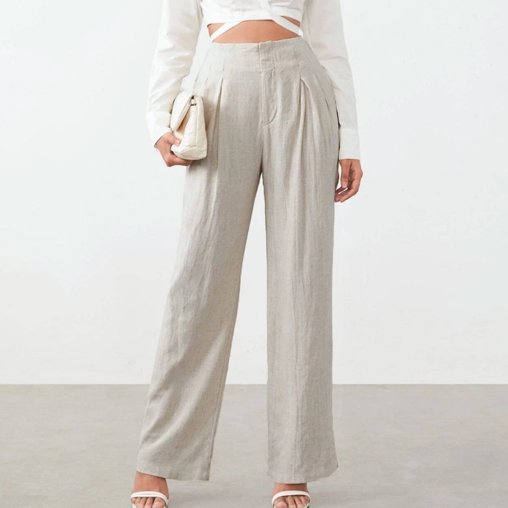 Classic Cream Linen Wide Leg Pockets Pants Trousers - Picture 1 of 10